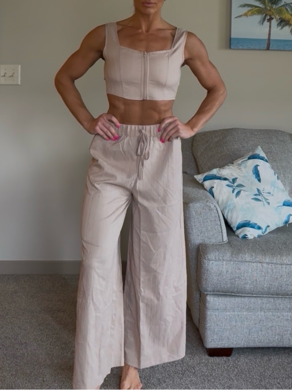 New Women's Neutral Beige Wide-Leg Drawstring Pants and Top Set
